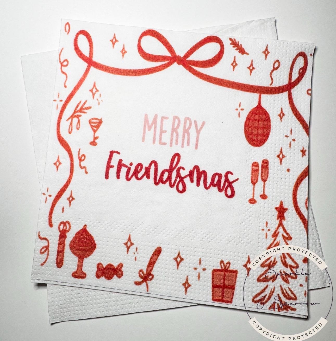 Friendsmas Christmas Party Red Bow Christmas Napkins Very Merry Friendsmas It’s giving Friendsmas Pink Red Christmas Bow Napkins, Set of 25