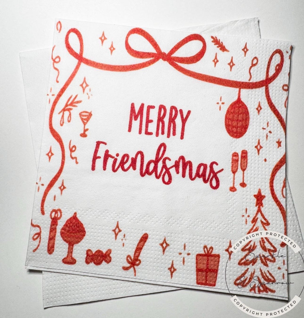 Friendsmas Christmas Party Red Bow Christmas Napkins Very Merry Friendsmas It’s giving Friendsmas Pink Red Christmas Bow Napkins, Set of 25