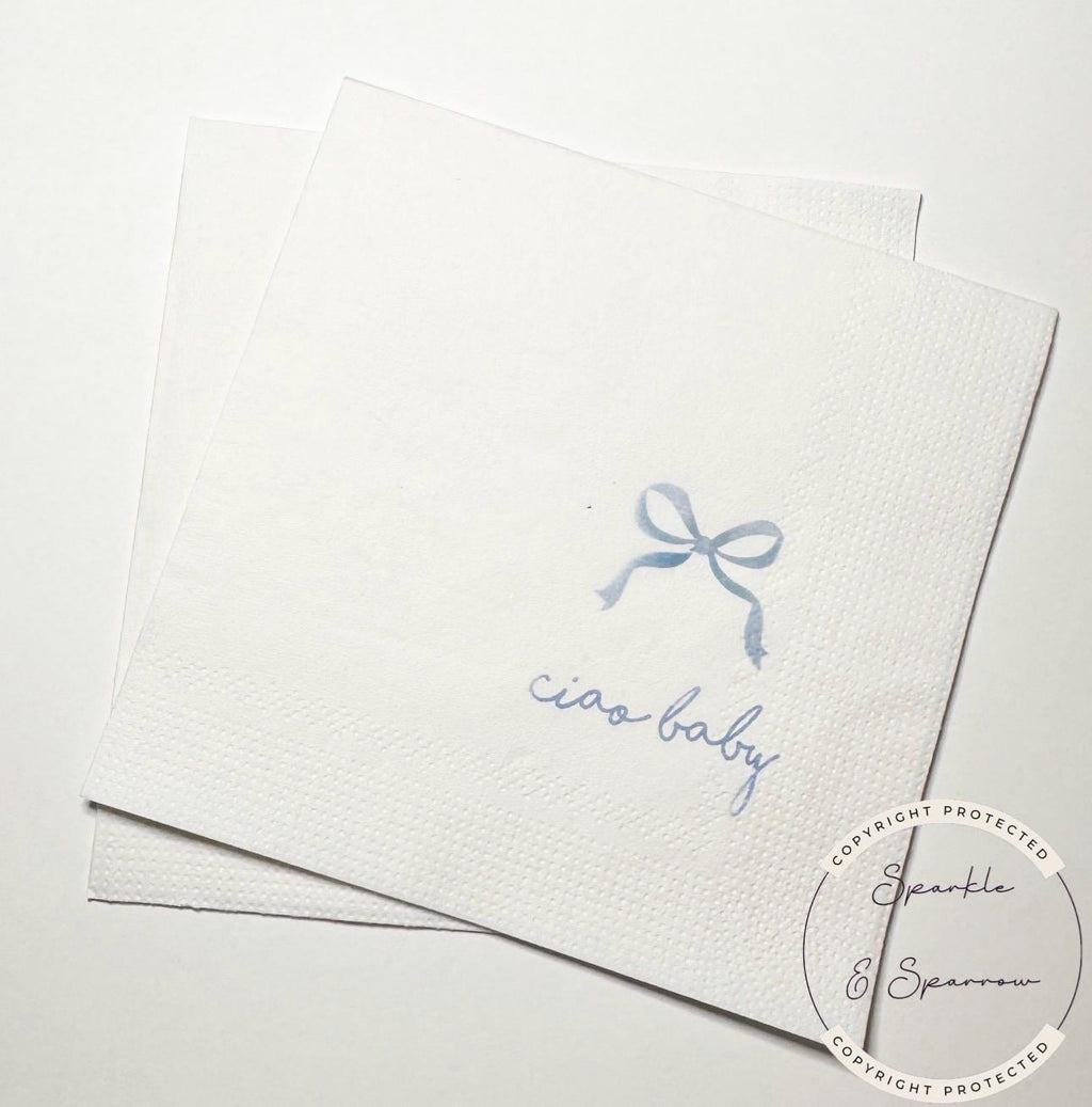 Ciao Baby Blue Bow Italian Baby Shower Ciao Bambino Blue Bow Baby Shower Summer Lemon Cocktail, Luncheon or Dinner Napkins Set of 25