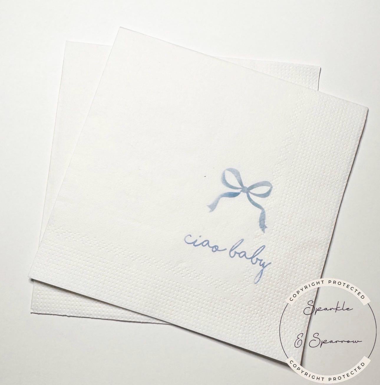 Ciao Baby Blue Bow Italian Baby Shower Ciao Bambino Blue Bow Baby Shower Summer Lemon Cocktail, Luncheon or Dinner Napkins Set of 25