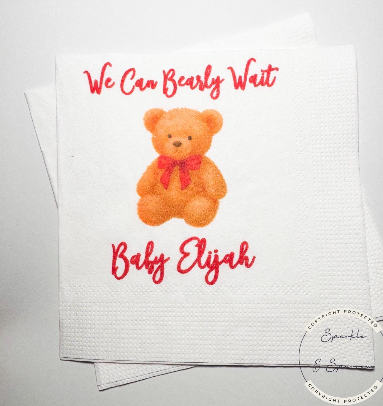 Teddy Bear Baby Shower We can Bearly Wait Red Bow Christmas Bear Baby Shower Personalized Cocktail, Luncheon or Dinner Napkins Set of 25
