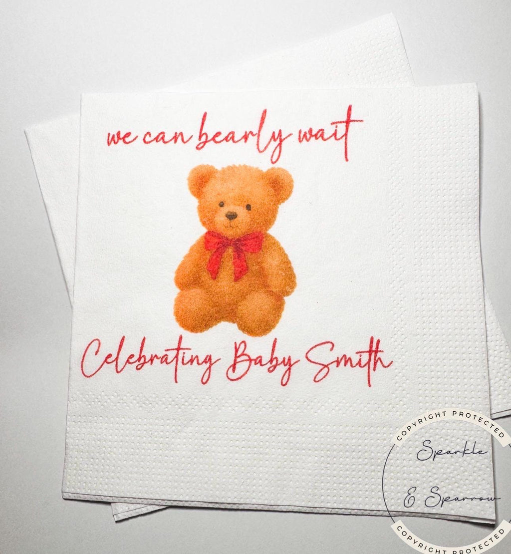 Teddy Bear Baby Shower We can Bearly Wait Red Bow Christmas Bear Baby Shower Personalized Cocktail, Luncheon or Dinner Napkins Set of 25