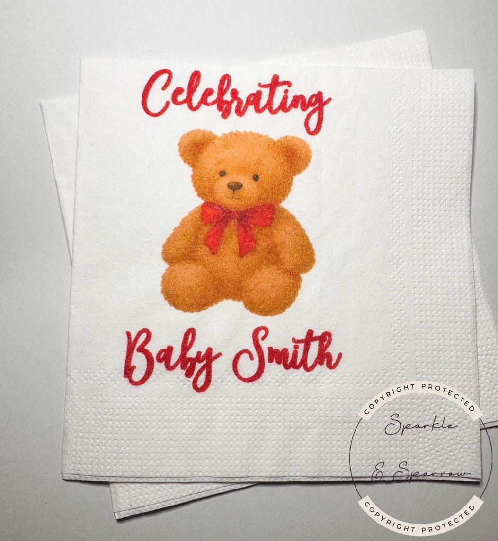 Teddy Bear Baby Shower We can Bearly Wait Red Bow Christmas Bear Baby Shower Personalized Cocktail, Luncheon or Dinner Napkins Set of 25
