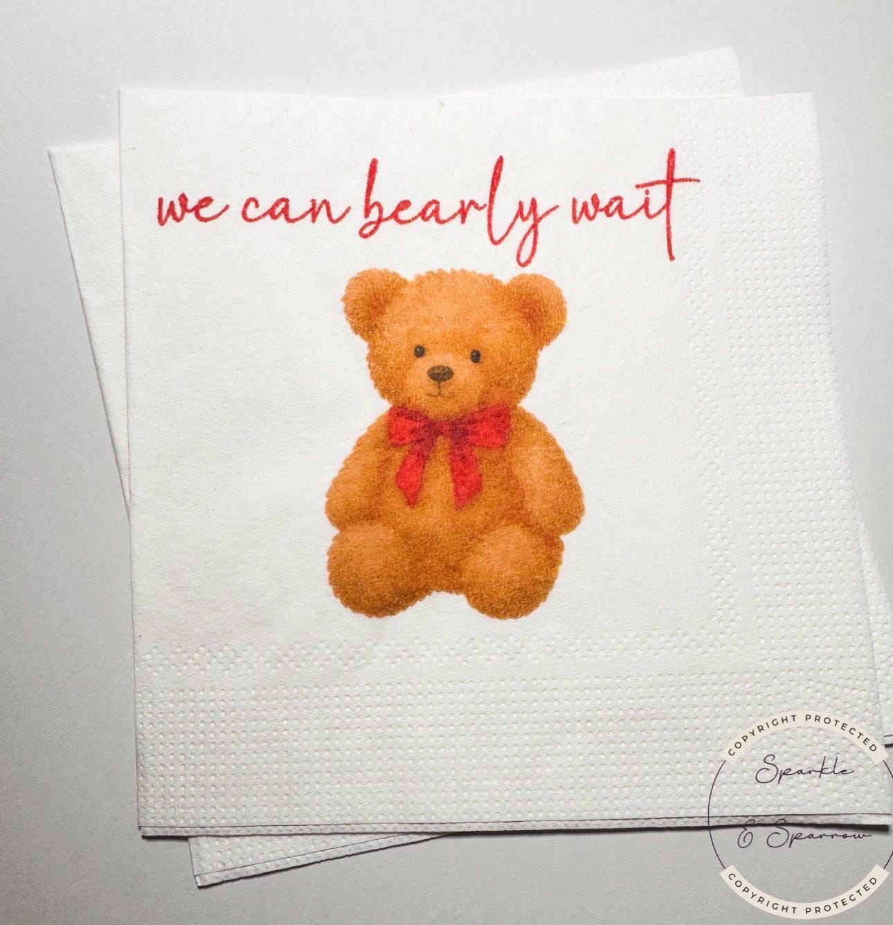 Teddy Bear Baby Shower We can Bearly Wait Red Bow Christmas Bear Baby Shower Cocktail, Luncheon or Dinner Napkins Set of 25