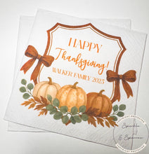 Load image into Gallery viewer, Thanksgiving Napkins Pumpkin Brown Bow Thanksgiving Dinner Napkins Thanksgiving Table Decor Brown Personalized Cocktail Napkins, Set of 25

