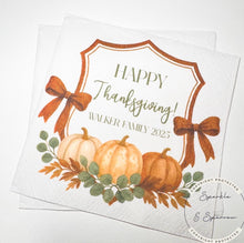 Load image into Gallery viewer, Thanksgiving Napkins Pumpkin Brown Bow Thanksgiving Dinner Napkins Thanksgiving Table Decor Brown Personalized Cocktail Napkins, Set of 25
