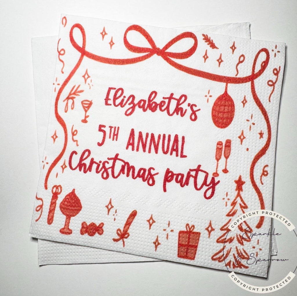Friendsmas Christmas Party Red Bow Christmas Napkins Girlfriends Christmas Pink Red Whimsical Christmas Party Personalized Napkins Set of 25