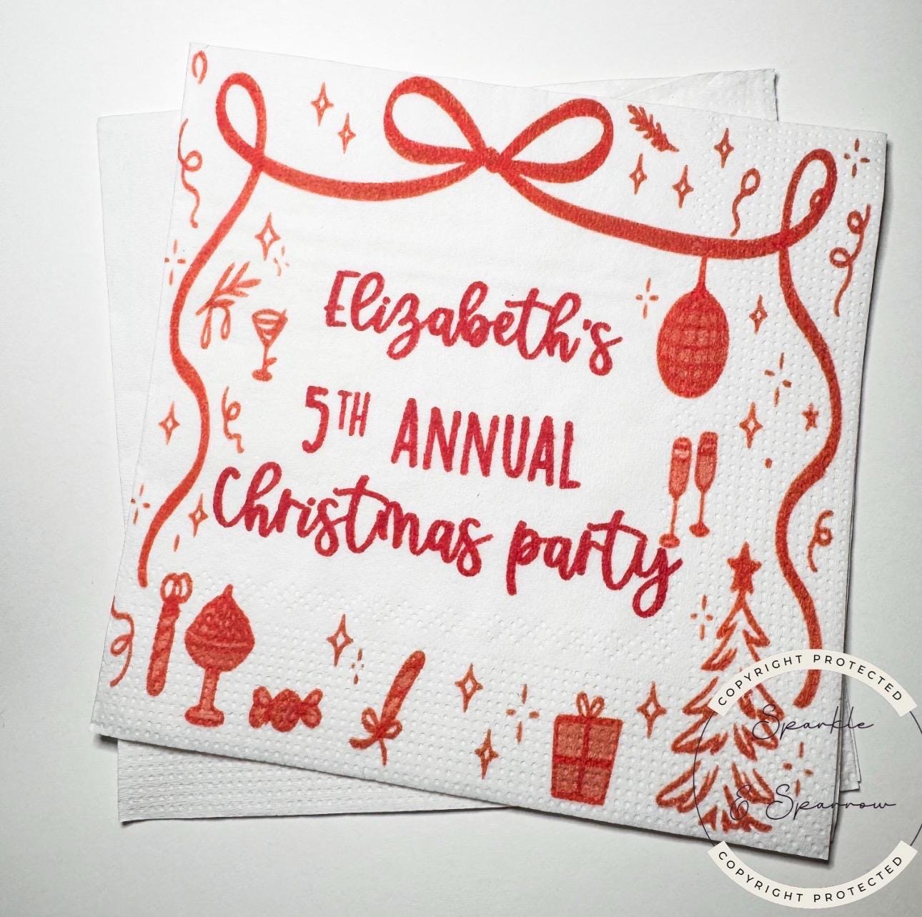 Friendsmas Christmas Party Red Bow Christmas Napkins Girlfriends Christmas Pink Red Whimsical Christmas Party Personalized Napkins Set of 25