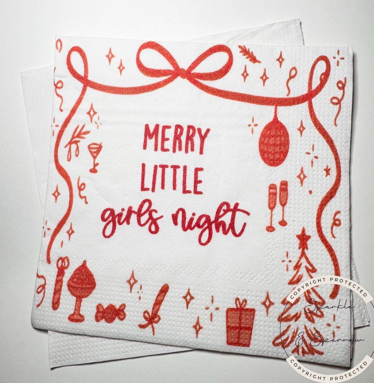 Merry Little Girls Night Tini Bit Merry Friendsmas Red Bow Martini Christmas Party Holiday Party Whimsical Cocktail Napkins, Set of 25