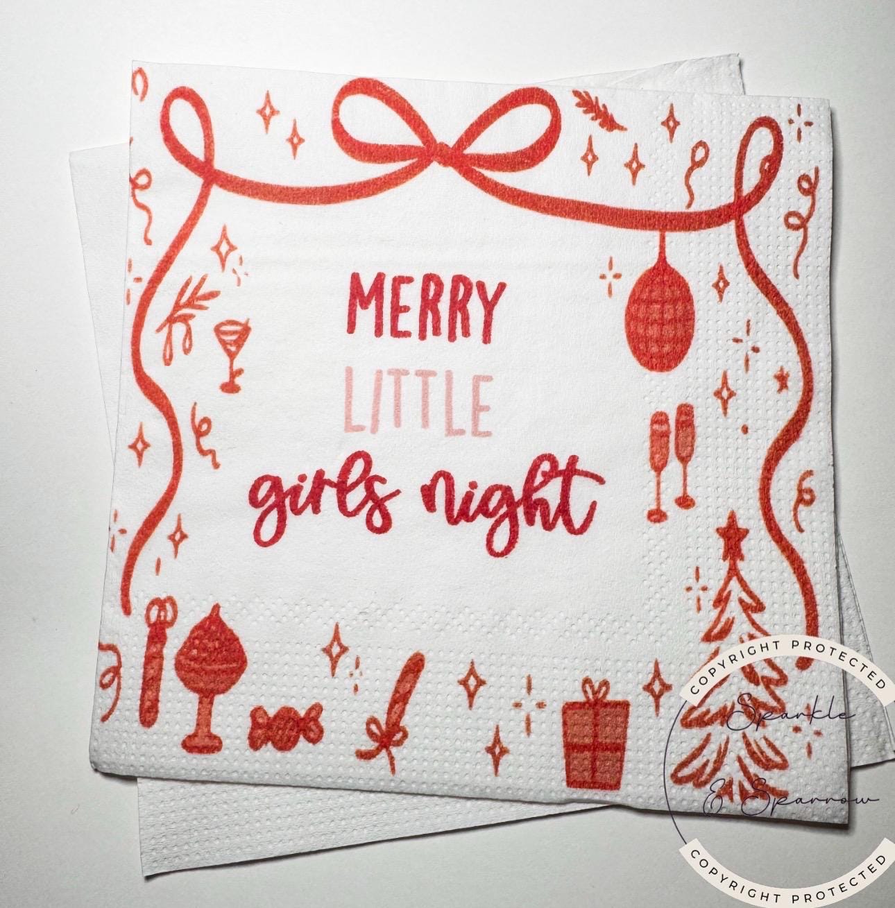 Merry Little Girls Night Tini Bit Merry Friendsmas Red Bow Martini Christmas Party Holiday Party Whimsical Cocktail Napkins, Set of 25
