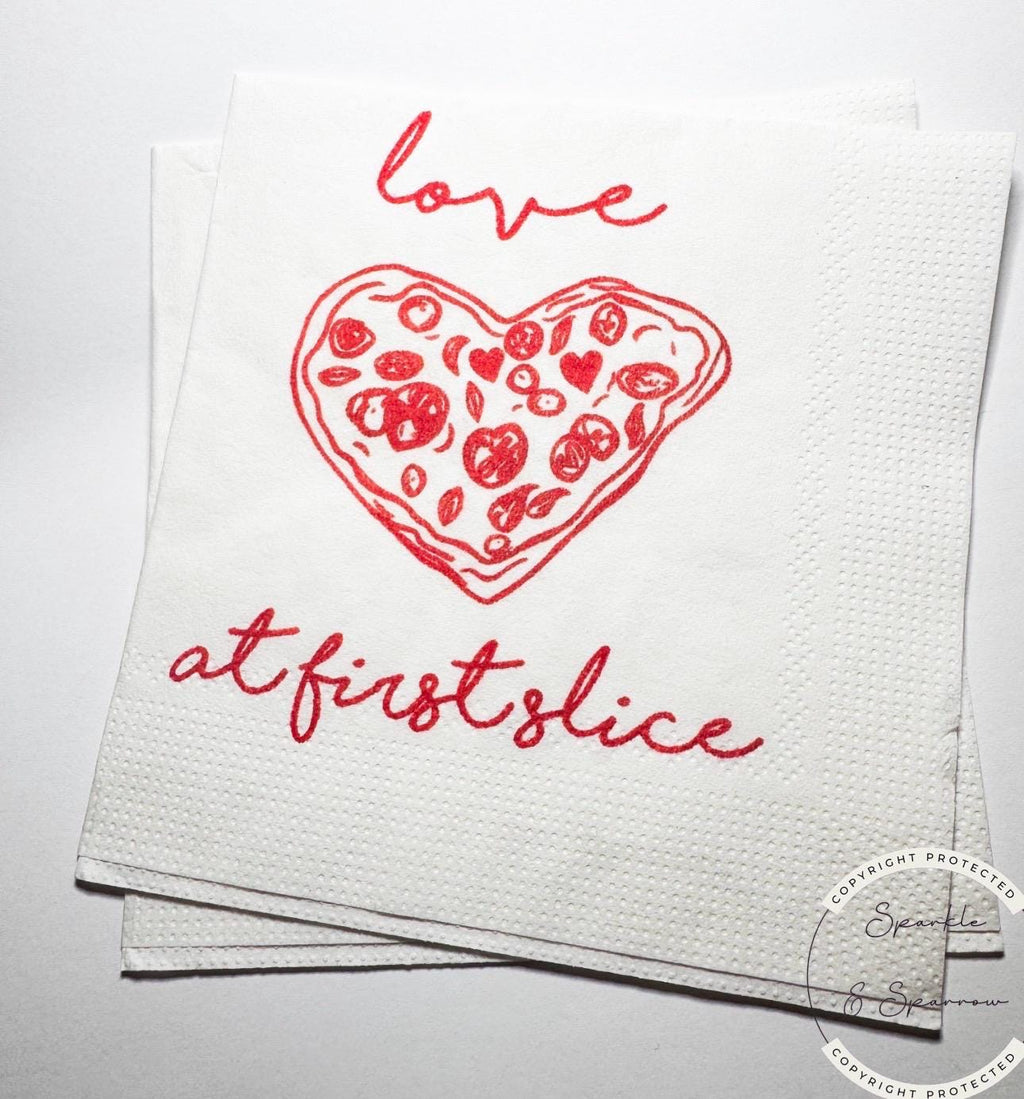 Love at First Slice Engagement Party Napkins Pizza Rehearsal Dinner Christmas Rehearsal Dinner Heart Pizza Italian Napkins, Set of 25