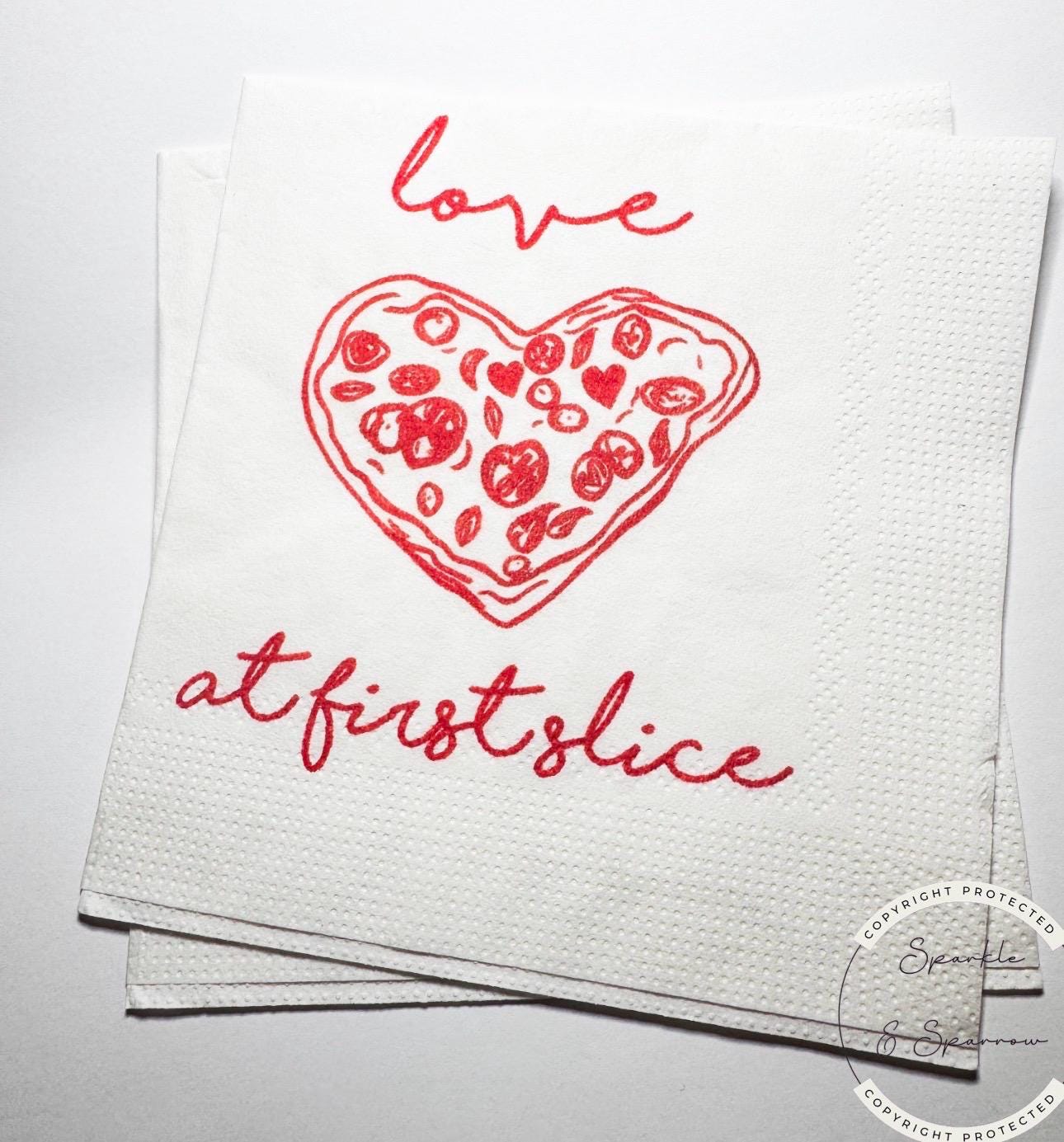 Love at First Slice Engagement Party Napkins Pizza Rehearsal Dinner Christmas Rehearsal Dinner Heart Pizza Italian Napkins, Set of 25