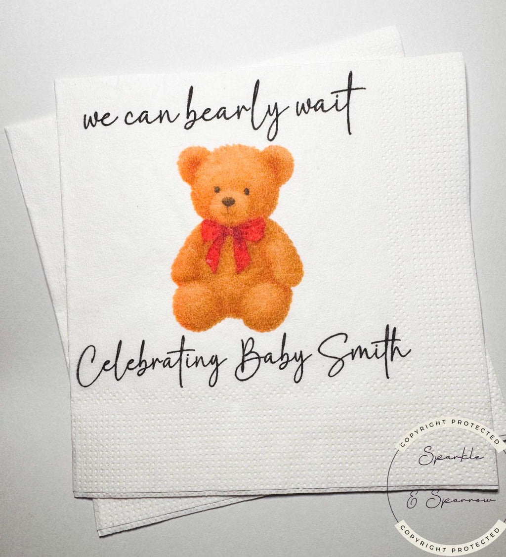Teddy Bear Baby Shower We can Bearly Wait Red Bow Christmas Bear Baby Shower Personalized Cocktail, Luncheon or Dinner Napkins Set of 25