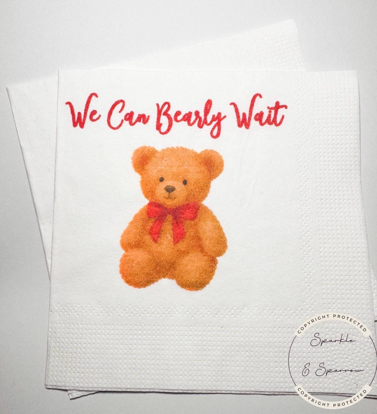 Teddy Bear Baby Shower We can Bearly Wait Red Bow Christmas Bear Baby Shower Cocktail, Luncheon or Dinner Napkins Set of 25