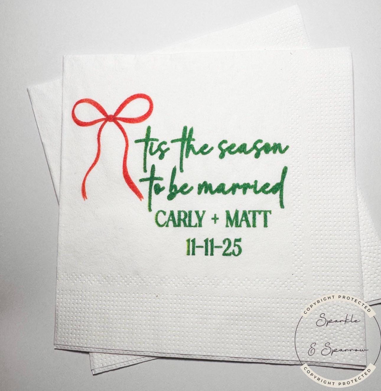 Tis the Season to be Married Christmas Bridal Shower Engagement Wedding Red Bow Christmas Shower Personalized Cocktail Napkins, Set of 25