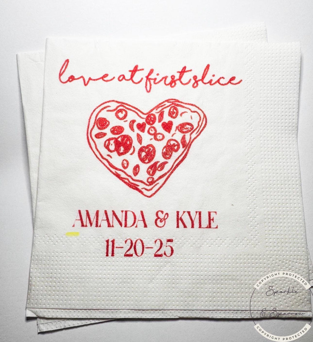 Love at First Slice Engagement Party Napkins Pizza Rehearsal Dinner Christmas Rehearsal Dinner Personalized Pizza Napkins, Set of 25
