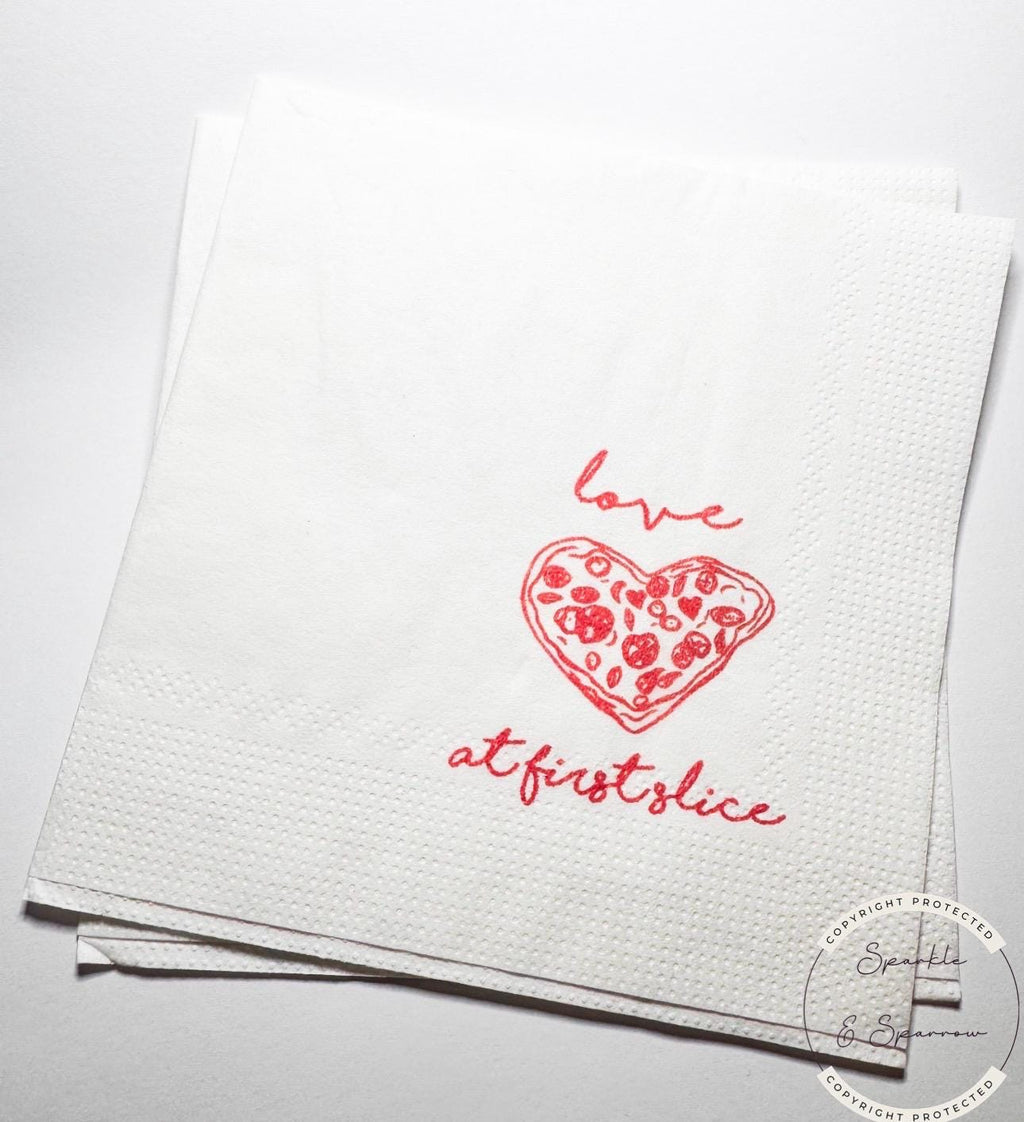 Love at First Slice Engagement Party Napkins Pizza Rehearsal Dinner Christmas Rehearsal Dinner Heart Pizza Italian Napkins, Set of 25