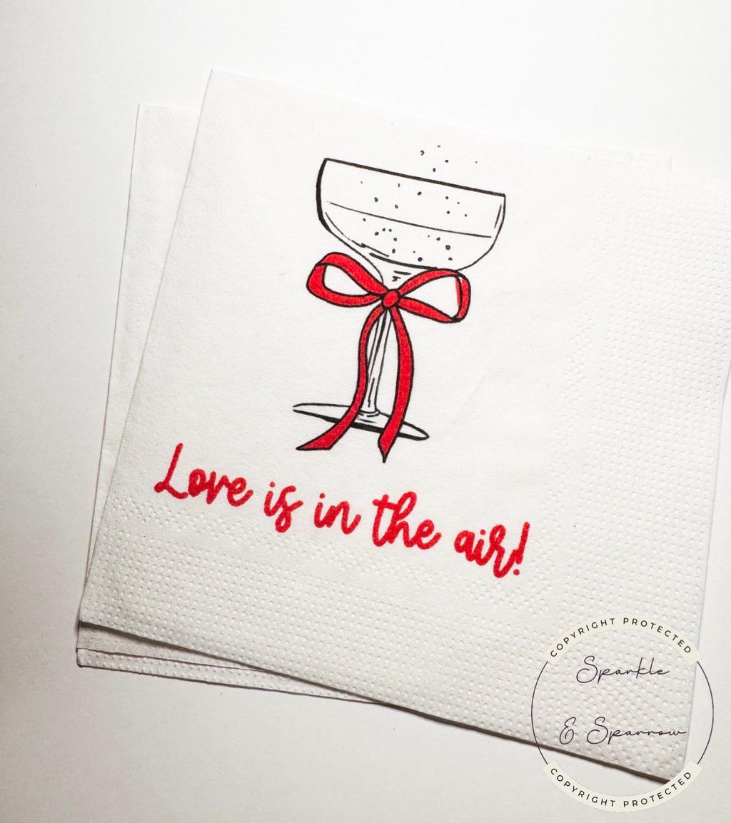 Love is in the Air Bridal Shower Red Bow Champagne Engagement Party Valentines Engagement Cocktail, Luncheon or Dinner Napkins, Set of 25