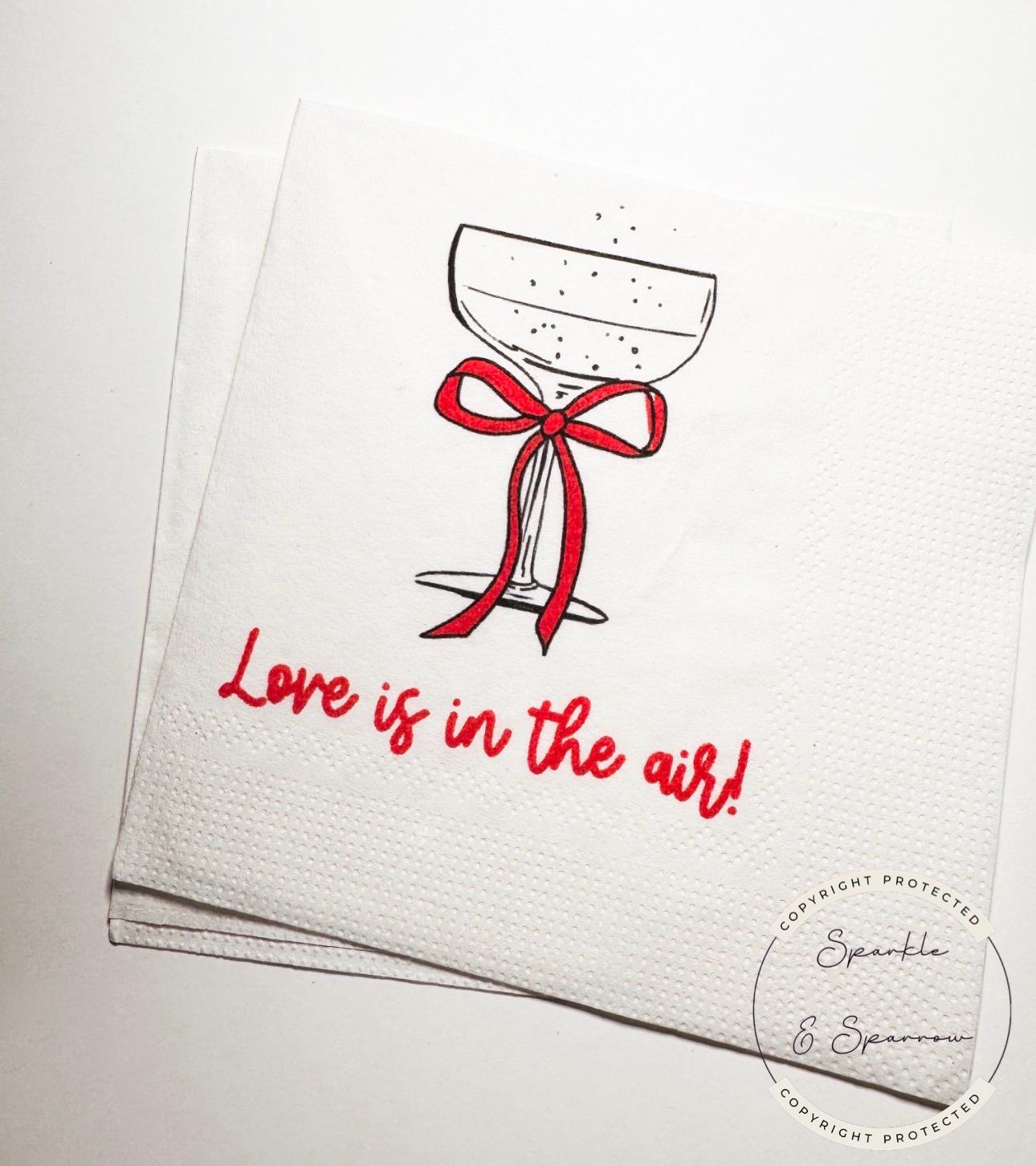 Love is in the Air Bridal Shower Red Bow Champagne Engagement Party Valentines Engagement Cocktail, Luncheon or Dinner Napkins, Set of 25