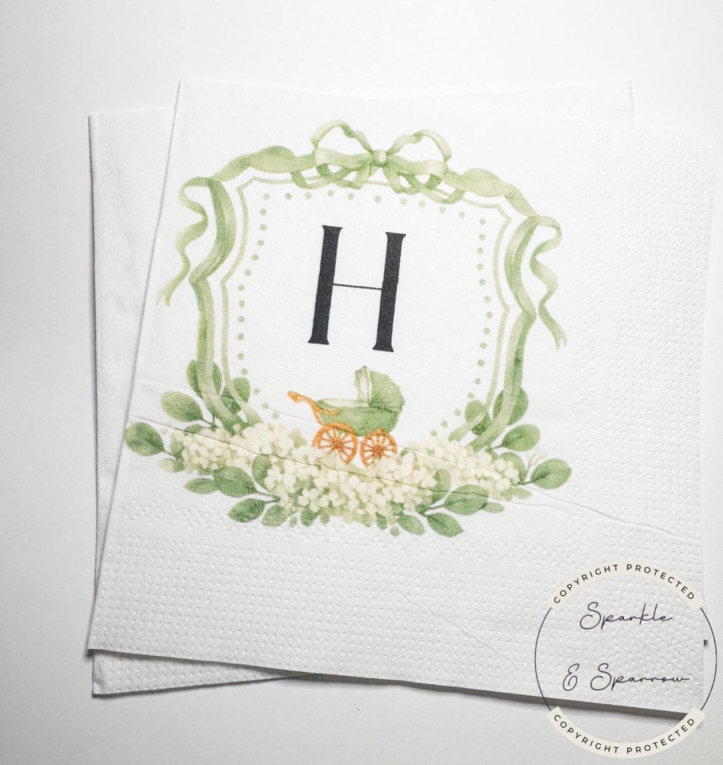 Baby Carriage Watercolor Crest Monogram Green Bow Baby Shower Personalized Cocktail, Luncheon or Dinner Napkins Set of 25
