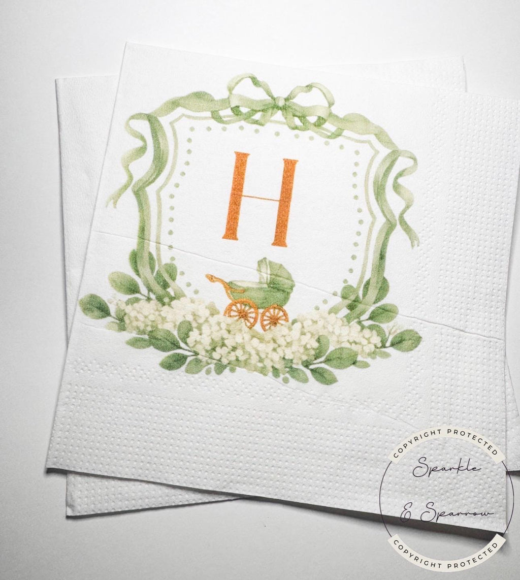 Baby Carriage Watercolor Crest Monogram Green Bow Baby Shower Personalized Cocktail, Luncheon or Dinner Napkins Set of 25