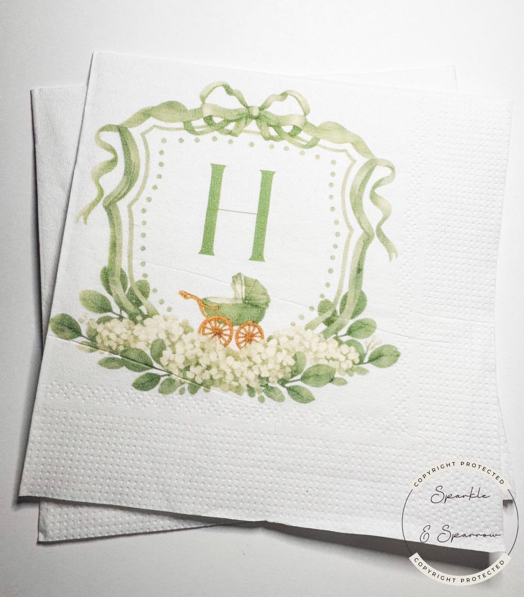 Baby Carriage Watercolor Crest Monogram Green Bow Baby Shower Personalized Cocktail, Luncheon or Dinner Napkins Set of 25