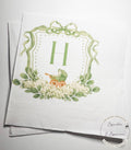 Baby Carriage Watercolor Crest Monogram Green Bow Baby Shower Personalized Cocktail, Luncheon or Dinner Napkins Set of 25
