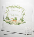 Baby Carriage Watercolor Crest Monogram Green Bow Baby Shower Personalized Cocktail, Luncheon or Dinner Napkins Set of 25