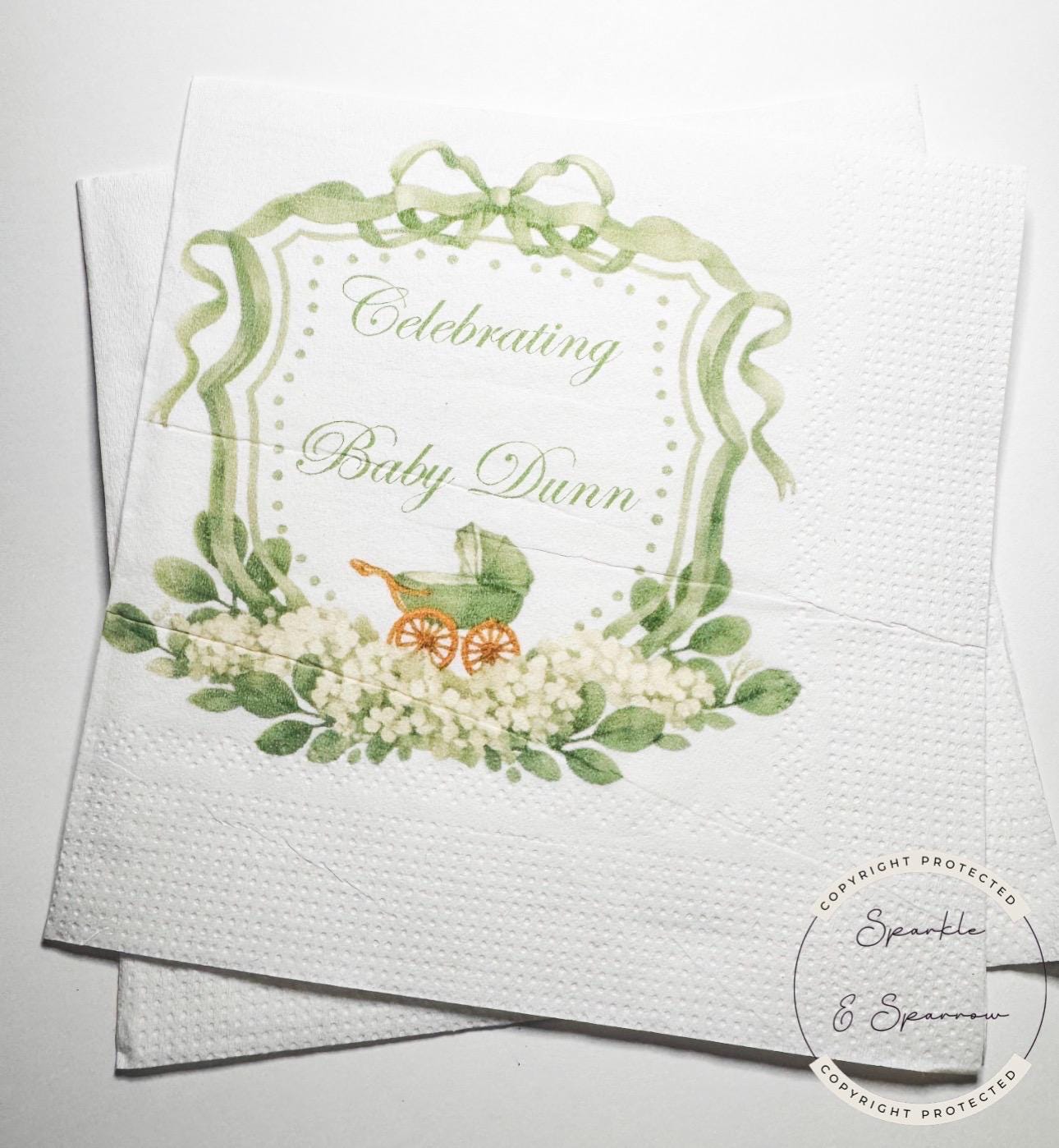 Baby Carriage Watercolor Crest Monogram Green Bow Baby Shower Personalized Cocktail, Luncheon or Dinner Napkins Set of 25
