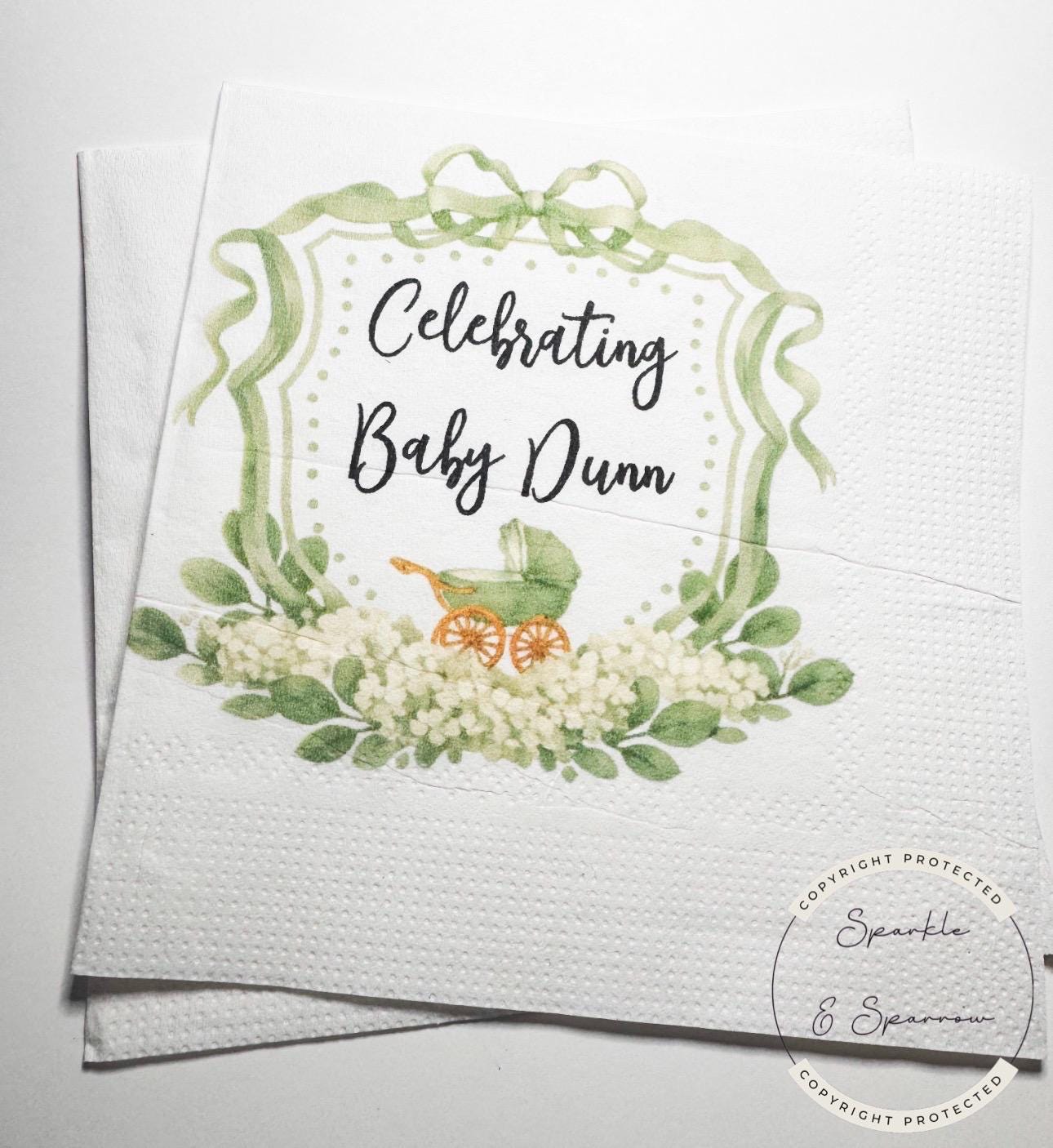 Baby Carriage Watercolor Crest Monogram Green Bow Baby Shower Personalized Cocktail, Luncheon or Dinner Napkins Set of 25