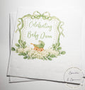 Baby Carriage Watercolor Crest Monogram Green Bow Baby Shower Personalized Cocktail, Luncheon or Dinner Napkins Set of 25
