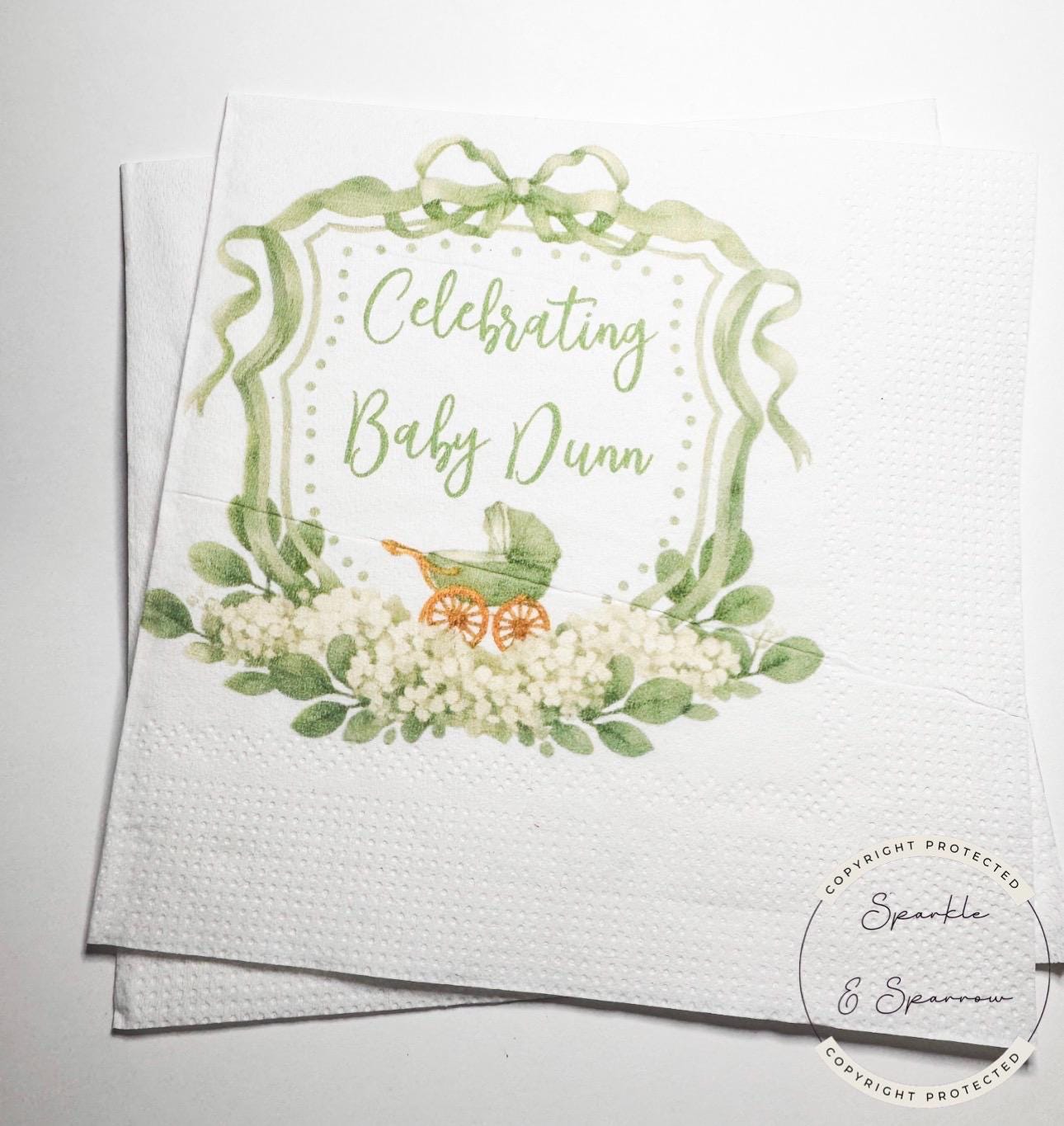 Baby Carriage Watercolor Crest Monogram Green Bow Baby Shower Personalized Cocktail, Luncheon or Dinner Napkins Set of 25