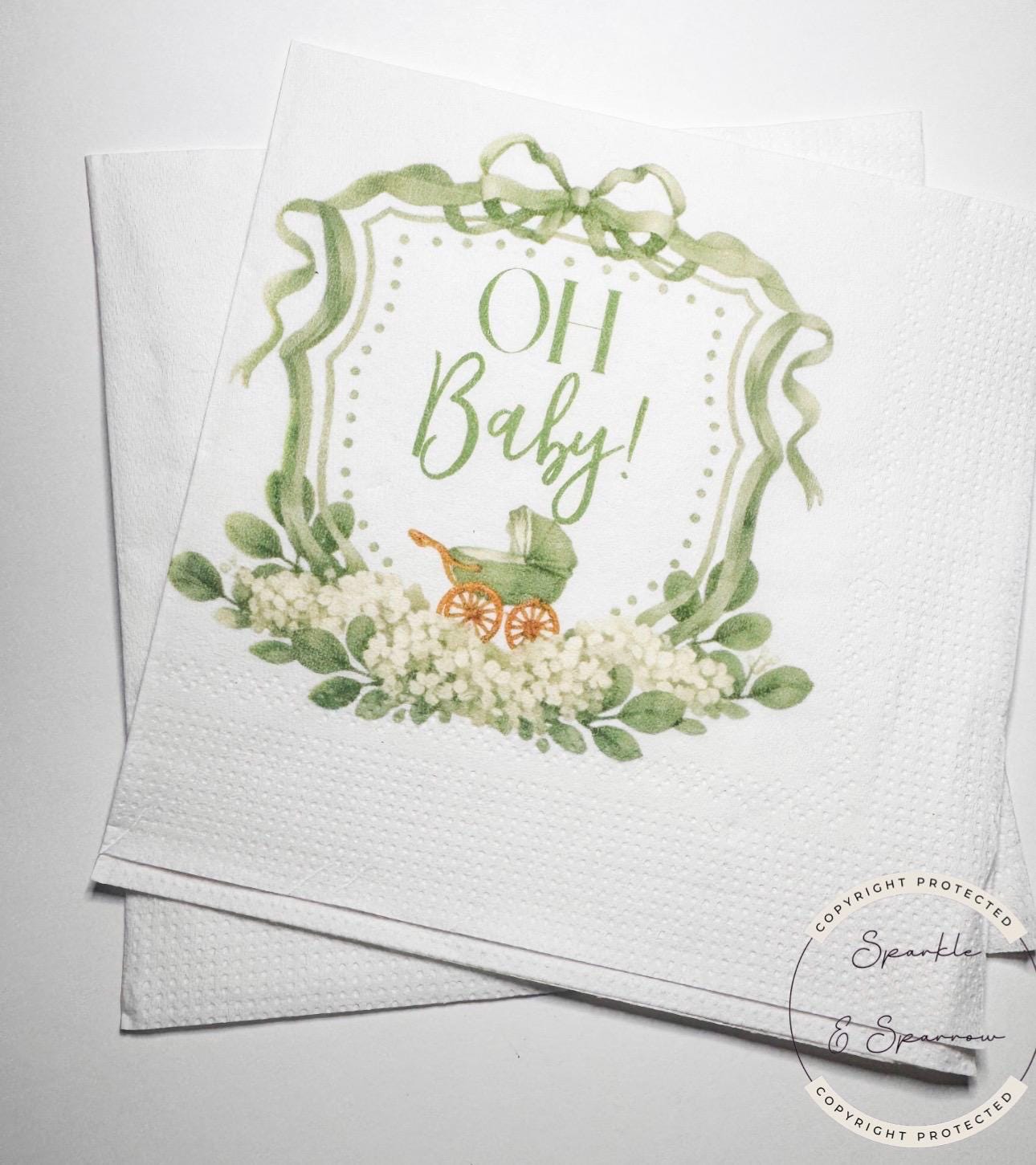 Baby Carriage Watercolor Crest Gender Neutral Shower Green Bow Baby Shower Personalized Cocktail, Luncheon or Dinner Napkins Set of 25