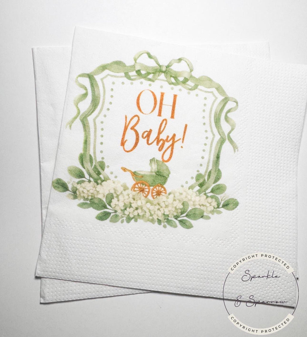Baby Carriage Watercolor Crest Gender Neutral Shower Green Bow Baby Shower Personalized Cocktail, Luncheon or Dinner Napkins Set of 25