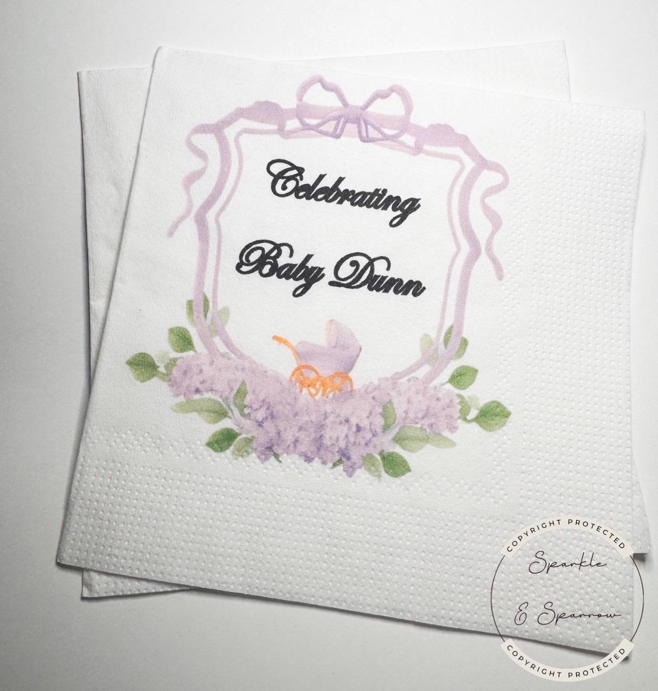 Baby Carriage Watercolor Crest Monogram Purple Bow Baby Shower Lavender Baby Personalized Cocktail, Luncheon or Dinner Napkins Set of 25