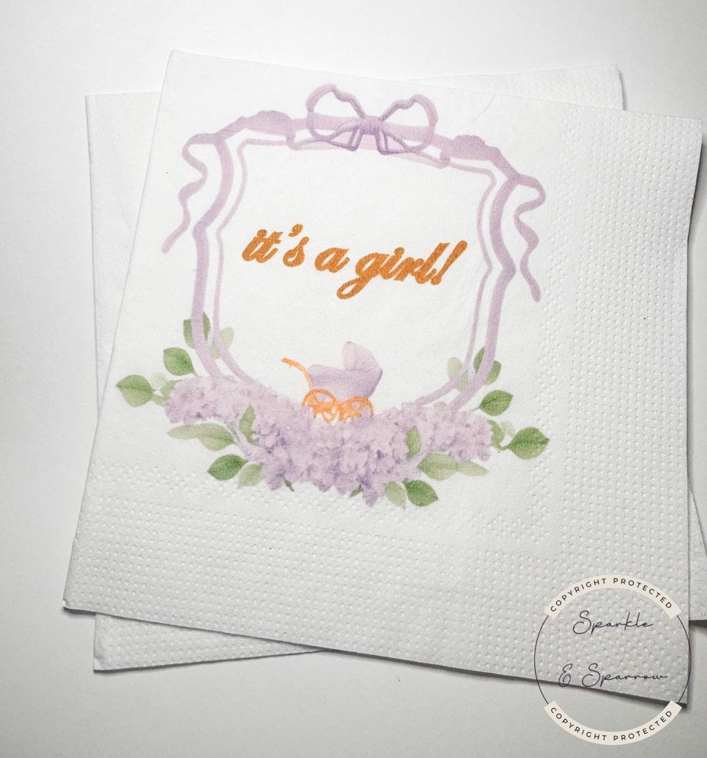 Baby Carriage It's a Girl Watercolor Crest Monogram Purple Bow Baby Shower Lavender Baby Cocktail, Luncheon or Dinner Napkins Set of 25
