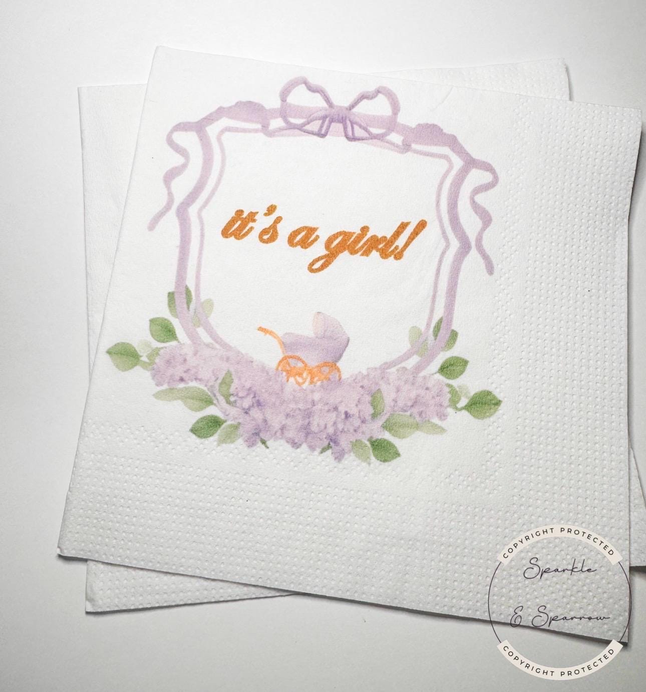Baby Carriage It's a Girl Watercolor Crest Monogram Purple Bow Baby Shower Lavender Baby Cocktail, Luncheon or Dinner Napkins Set of 25