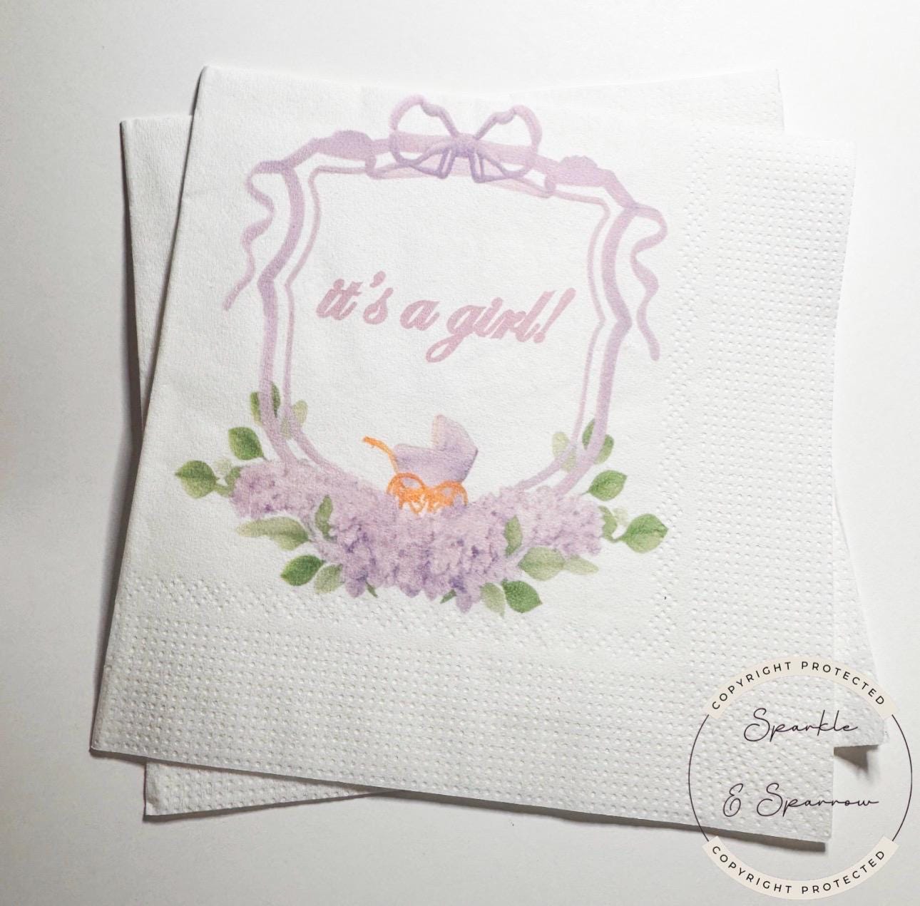 Baby Carriage It's a Girl Watercolor Crest Monogram Purple Bow Baby Shower Lavender Baby Cocktail, Luncheon or Dinner Napkins Set of 25