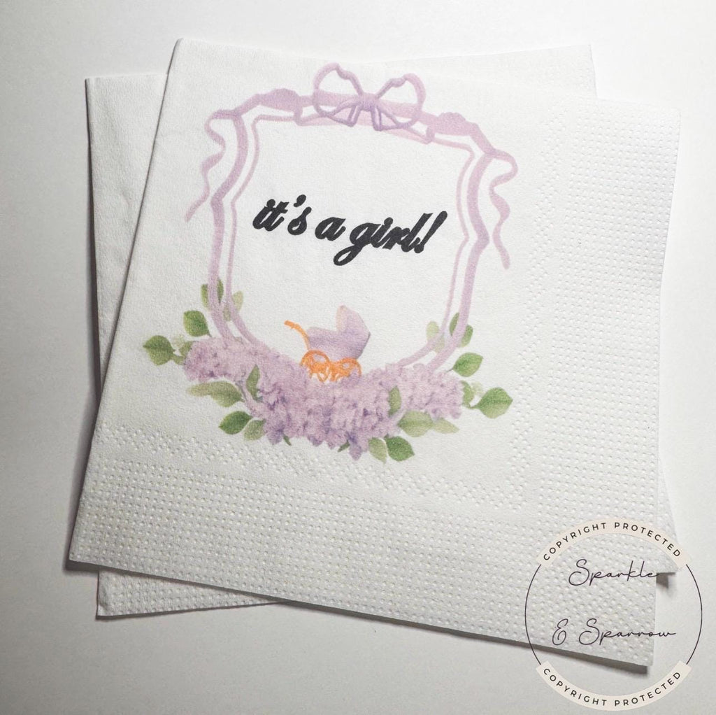 Baby Carriage It's a Girl Watercolor Crest Monogram Purple Bow Baby Shower Lavender Baby Cocktail, Luncheon or Dinner Napkins Set of 25
