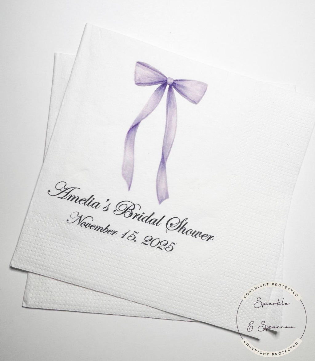 She's Tying the Knot Purple Bow Bridal Shower Personalized Bridal Napkins Purple Bow Wedding Cocktail, Luncheon or Dinner Napkins Set of 25