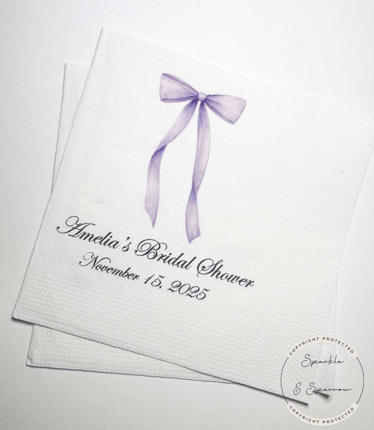 She's Tying the Knot Purple Bow Bridal Shower Personalized Bridal Napkins Purple Bow Wedding Cocktail, Luncheon or Dinner Napkins Set of 25