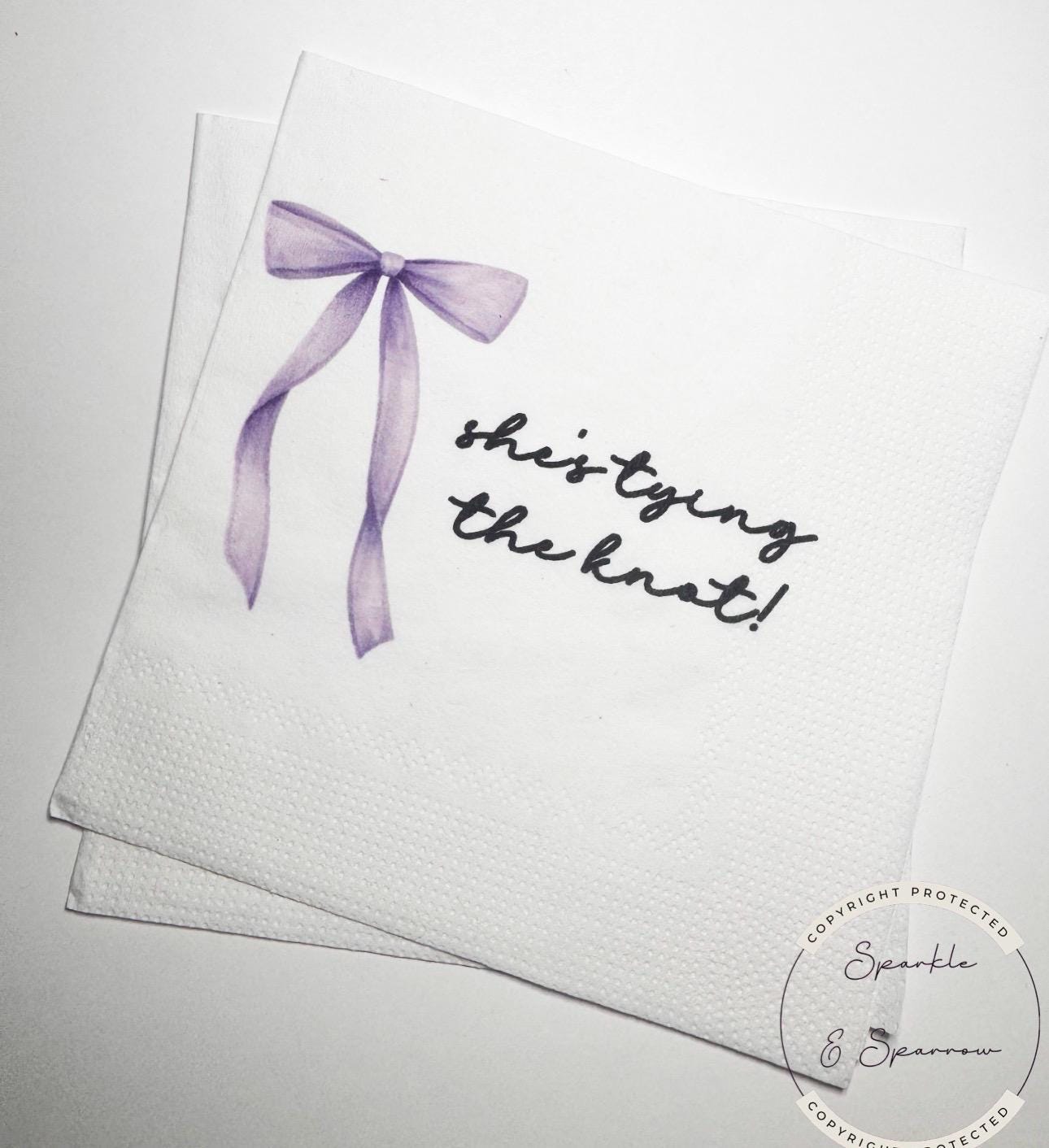 She's Tying the Knot Purple Bow Bridal Shower Personalized Bridal Napkins Purple Bow Wedding Cocktail, Luncheon or Dinner Napkins Set of 25