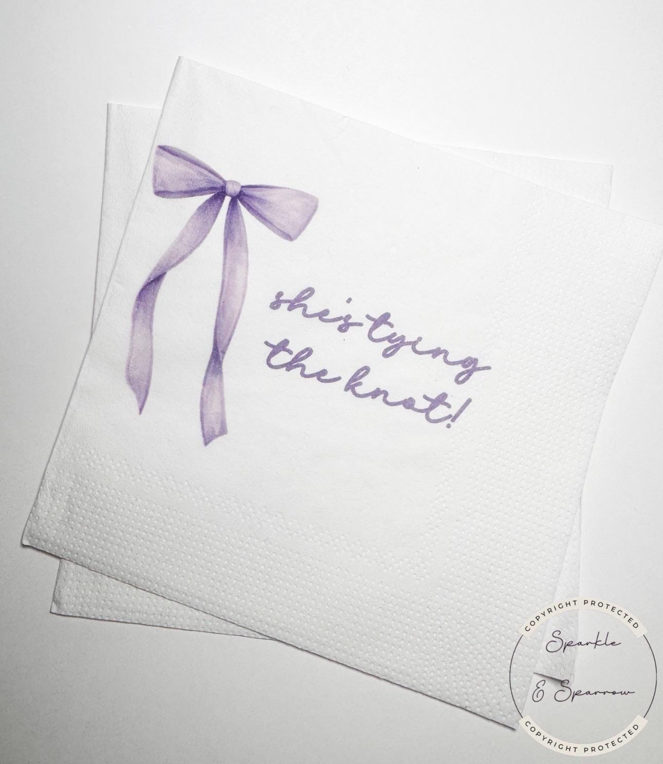 She's Tying the Knot Purple Bow Bridal Shower Personalized Bridal Napkins Purple Bow Wedding Cocktail, Luncheon or Dinner Napkins Set of 25