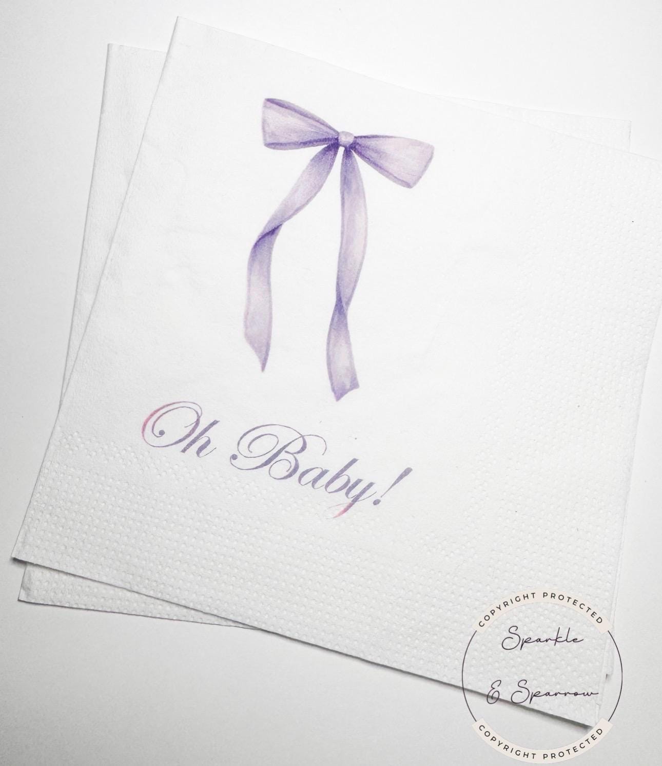 Purple Bow Baby Shower Oh Baby Lavender Bow Baby Shower Napkins Purple Bow Baby Napkins Cocktail, Luncheon or Dinner Napkins Set of 25