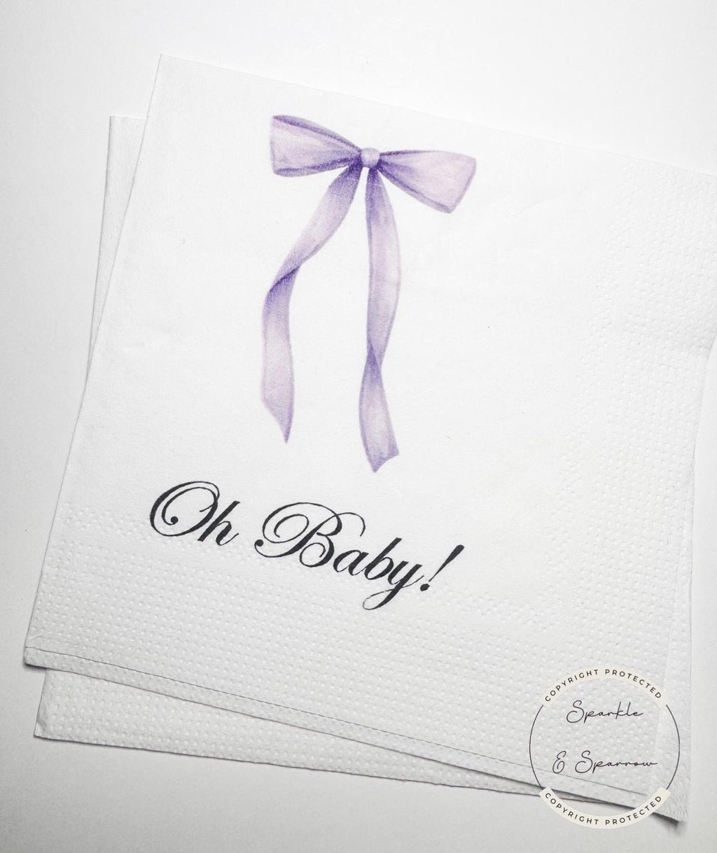 Purple Bow Baby Shower Oh Baby Lavender Bow Baby Shower Napkins Purple Bow Baby Napkins Cocktail, Luncheon or Dinner Napkins Set of 25