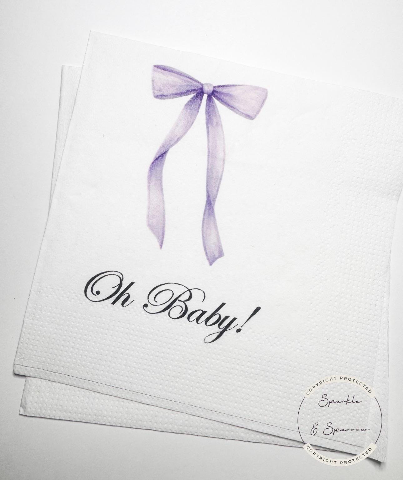 Purple Bow Baby Shower Oh Baby Lavender Bow Baby Shower Napkins Purple Bow Baby Napkins Cocktail, Luncheon or Dinner Napkins Set of 25