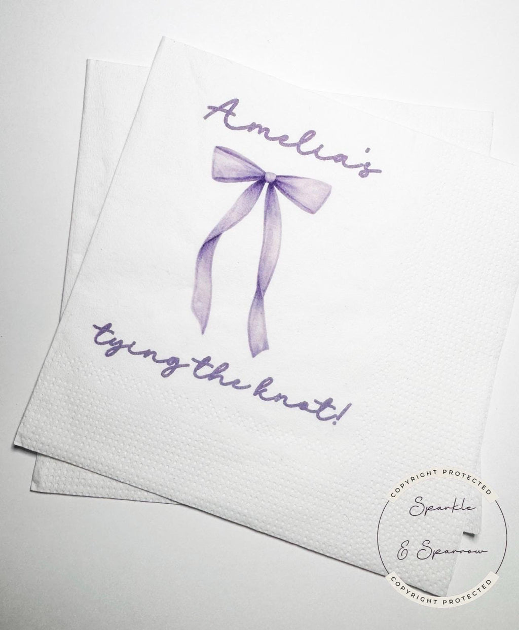 She's Tying the Knot Purple Bow Bridal Shower Personalized Bridal Napkins Purple Bow Wedding Cocktail, Luncheon or Dinner Napkins Set of 25