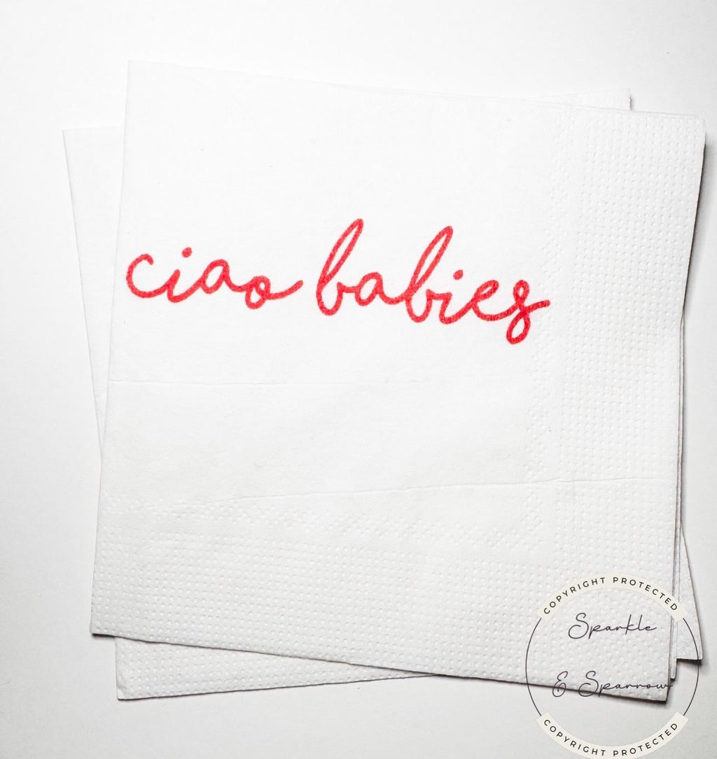 Ciao Babies  Red Bow Italian Twins Baby Shower Ciao Bambino Pink Red Baby Shower Summer Lemon Cocktail, Luncheon or Dinner Napkins Set of 25