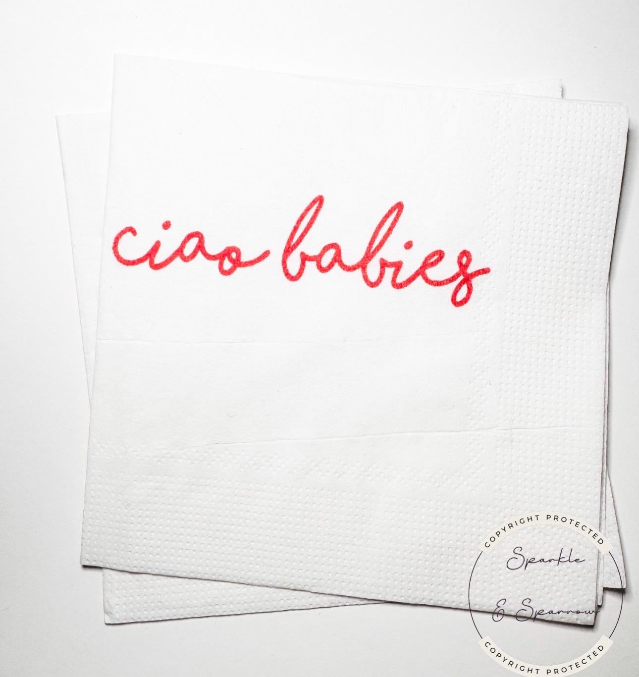 Ciao Babies  Red Bow Italian Twins Baby Shower Ciao Bambino Pink Red Baby Shower Summer Lemon Cocktail, Luncheon or Dinner Napkins Set of 25