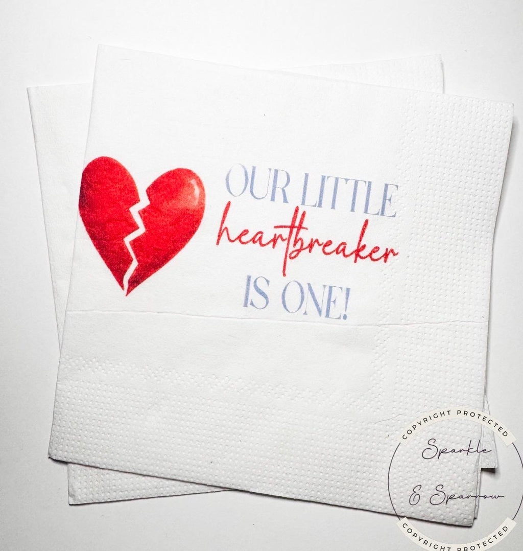 Our Little Heartbreaker is One 1st Birthday Party Heart Valentines First Birthday Cocktail, Luncheon or Dinner Napkins Set of 25